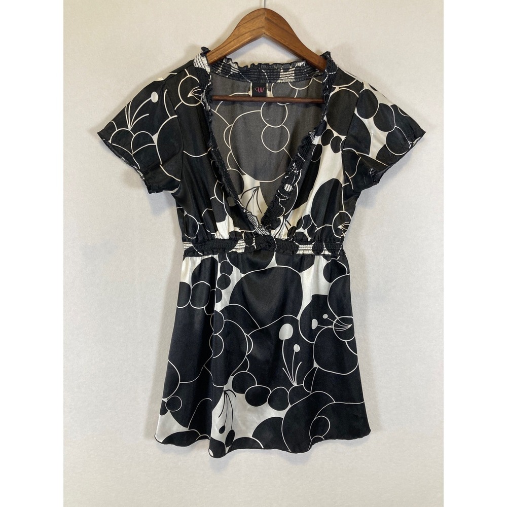 Y2K‎ Whimsigoth Wrapper Women Small Black White Floral Smocked V-Neck Tunic Top